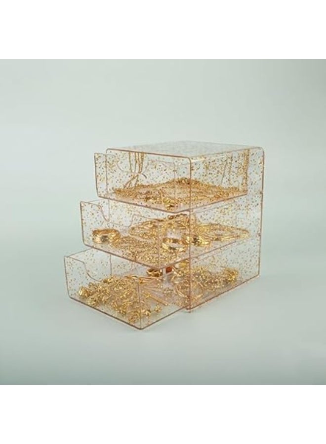 منظم درج فاخر متعدد الاستخدامات مصنوع من الأكريليك الذهبي اللامع بثلاثة أدوار عملية مصمم خصيصًا لترتيب السلاسل والخواتم والتوك وبنس الشعر والأغراض الشخصية الصغيرة(Elc) - Image 3